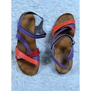 Naot Sandals Womens Size 8 EU 39 Purple Red Leather Wedge Cork Footbed Strappy